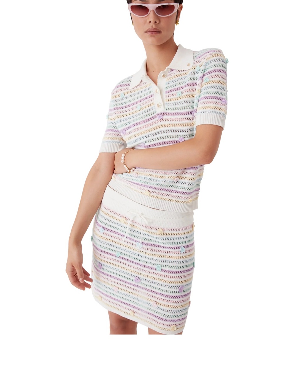 Casablanca Rainbow Open-Knit Polo & Mini Skirt Set